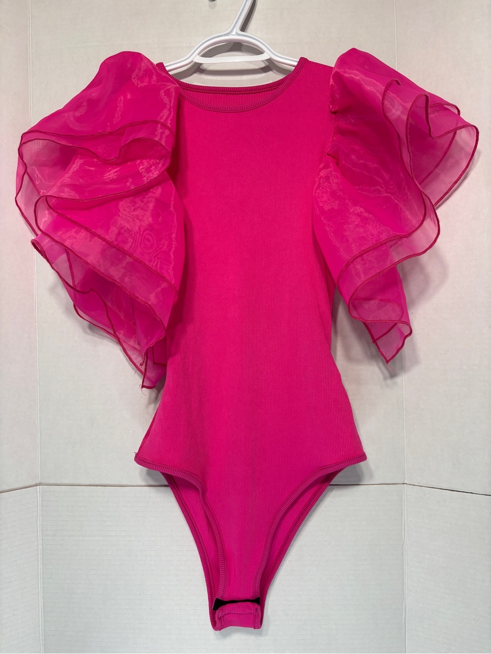 SHEIN Hot Pink Ruffle Sleeve Bodysuit Maximalist Feminine Balletcore Festival